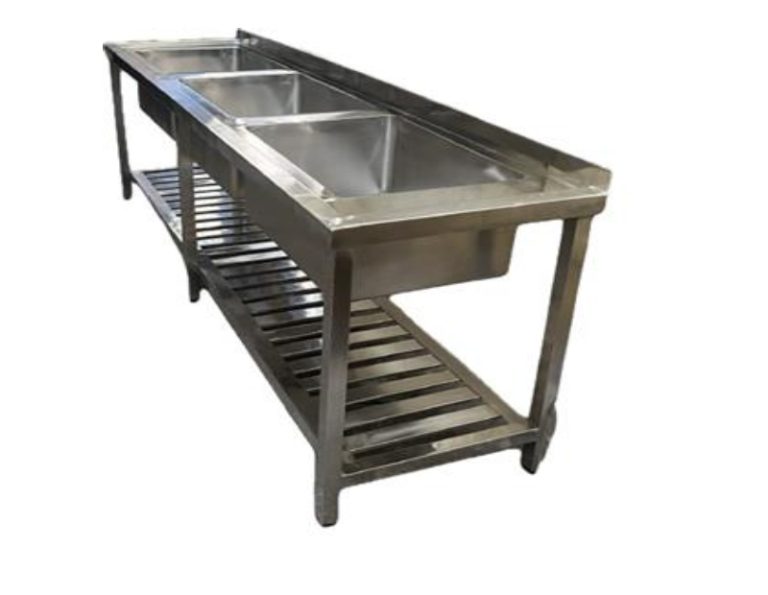 Custom stainless steel commercial sinks in Kenya. Single, double and triple bowl sinks, solid or slatted undershelves, dobi sinks, low-level flush sinks and morgue sinks.