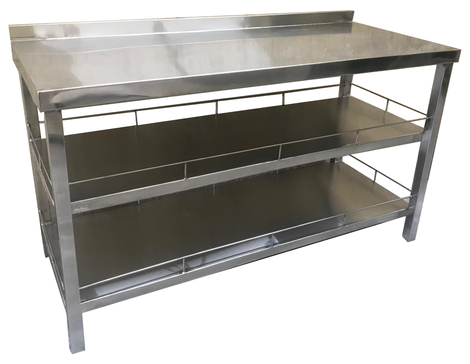 table with 2 undershelves and railing